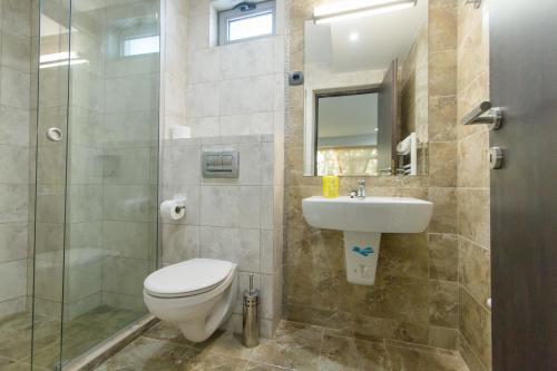La salle de bains est pourvue de toilettes, d'un lavabo et d'une douche. dans l'établissement Aparthotel Jolie, à Galaţi