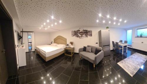 1 dormitorio con 1 cama, 1 sofá y 1 silla en Appartement am Ziegeleipark, en Heilbronn