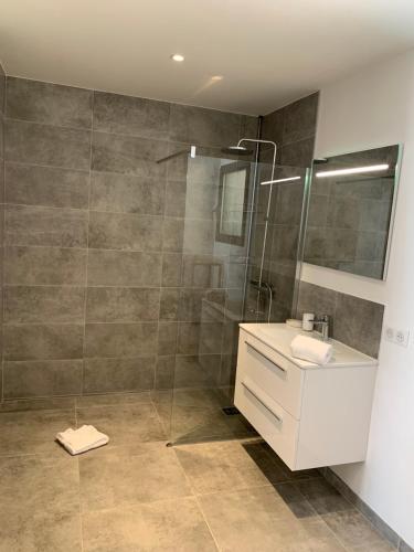 a bathroom with a shower with a sink and a glass shower at DOMAINE NAPOLEON CORSICA FIGARI in Figari