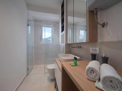 a bathroom with a toilet and a sink and a shower at Lovely Partial Sea View one bedroom flat in Horizon Residences A22 in Becici