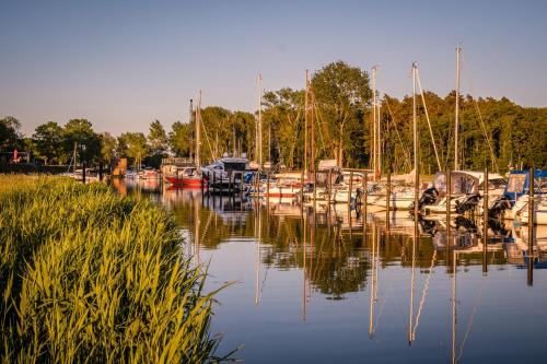 Er liggen boten in een jachthaven. bij Marina Martinshafen in Sassnitz