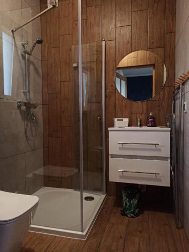 a bathroom with a shower and a toilet and a sink at Apartamenty Poświata - dwupokojowe, dla całej rodziny, nad morzem, ze wspaniałym widokiem na łąki in Bobolin