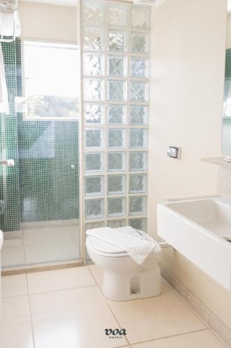 a bathroom with a toilet and a shower and a sink at VOA Plazza Hotel in Águas de Lindóia
