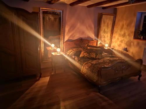 a bed in a room with a fire place at Agroturystyka u Kozdryka in Leśna