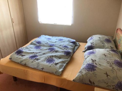 a bed with two pillows on top of it at Autocamp Skalice in Slapy