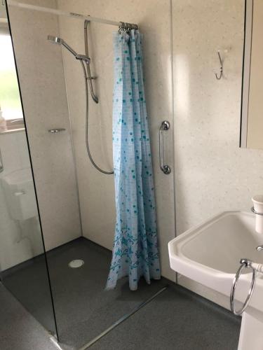 a bathroom with a shower curtain and a tub at River Ness View in Inverness