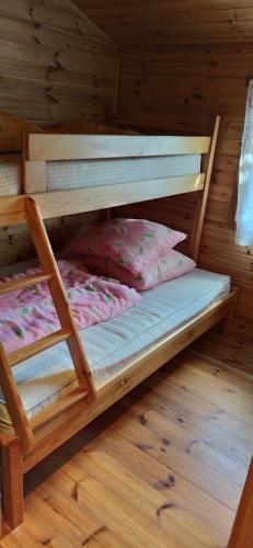 a bunk bed in a cabin with a wooden floor at Sowi Zakątek in Postomino