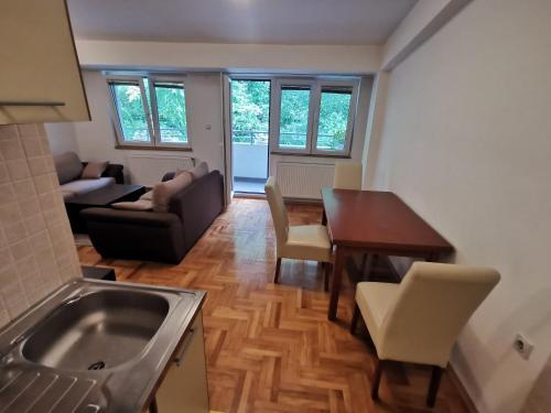 - un salon avec un canapé et une table dans l'établissement Zagrebska flat, à Skopje