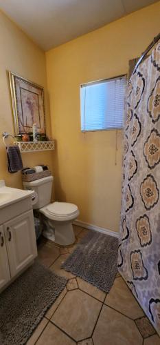 a bathroom with a toilet and a shower curtain at Dolan Springs, Grand Canyon Skywalk in Dolan Springs