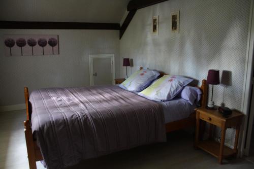 a bedroom with a bed and a table with two lamps at Chambre d'Hôtes Les Chênes in Chaptelat