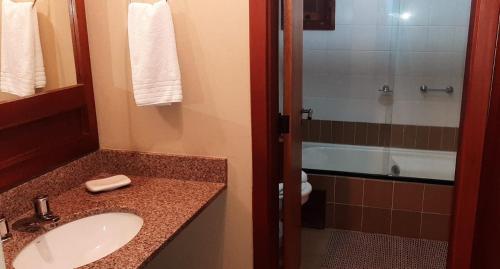 y baño con lavabo y ducha. en FLAT WISH SERRANO 14 en Gramado