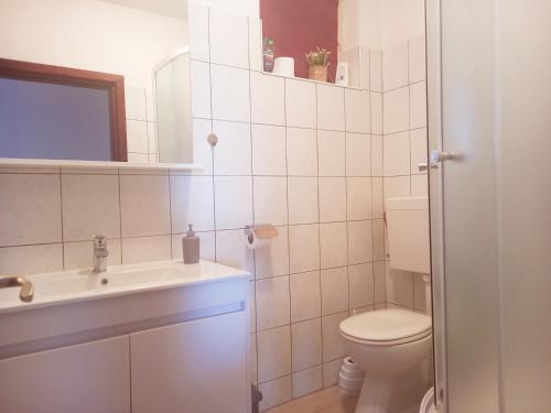 une salle de bains blanche avec toilettes et lavabo dans l'établissement Apartman Luka, à Blato