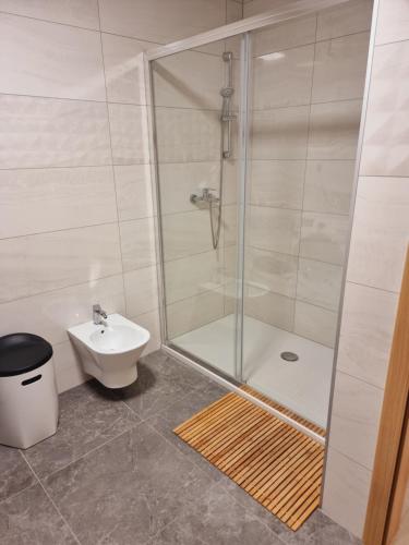 a bathroom with a shower and a sink at Skitnica Prestige in Koprivnica