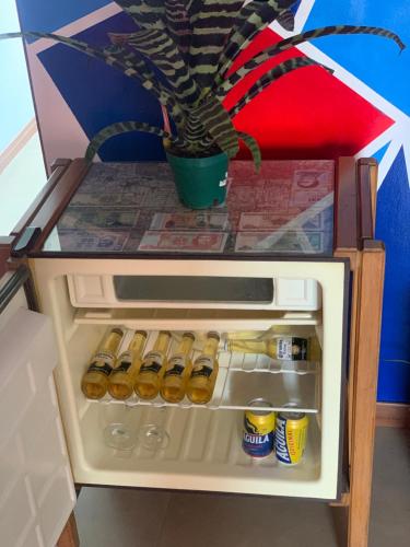a small refrigerator with drinks and a potted plant at Apartamento amoblado nuevo in Pereira