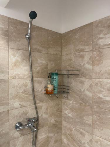 La salle de bains est pourvue d'une douche avec un pommeau de douche. dans l'établissement Deluxe Single Room Apartament, à Bragadiru