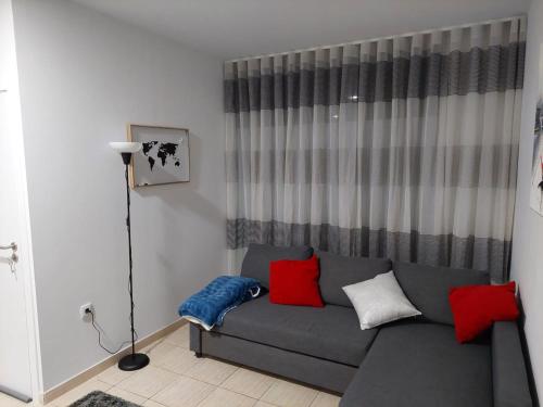 a living room with a gray couch with red pillows at charming loft in Porto in Porto