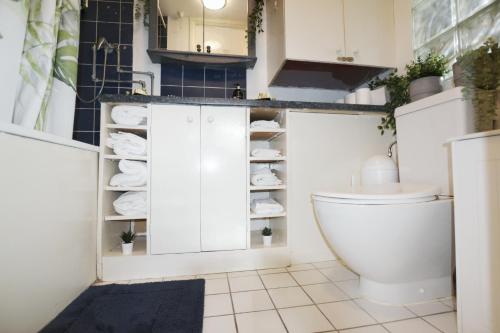 un bagno con un water e un lavandino di Garden Tower flat a Londra