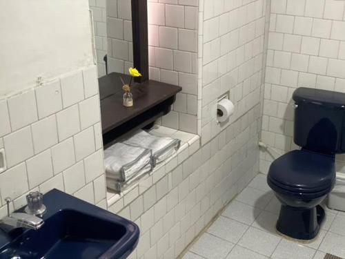 a bathroom with a blue toilet and a sink at Hotel Aroma del Bosque Posada Cafe in Tunja
