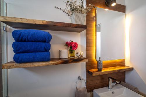 a bathroom with a blue towel on a shelf next to a sink at Casa Jaguar in Puerto Morelos