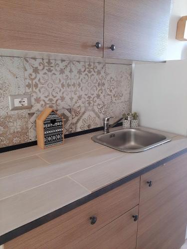 a kitchen counter with a sink and a fireplace at POMPEI VESEVUS APARTAMENT in Boscotrecase