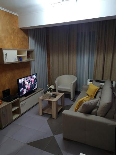 a living room with a couch and a tv at Apartman Centar Lux in Budva