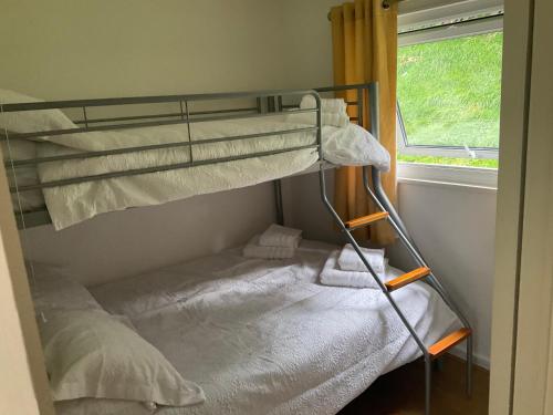 a bunk bed in a small room with a window at PEN-Y-FAN HOLIDAY CABIN - GLAN GWNA HOLIDAY PARK SNOWDONIA in Caernarfon
