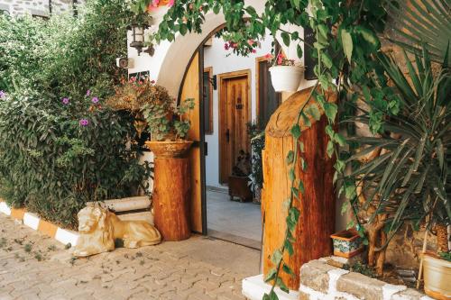 een standbeeld van een hond die voor een deur zit bij Akkan Hotel in Bodrum City