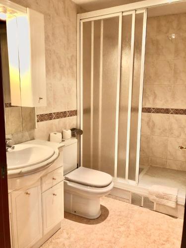 a bathroom with a toilet and a sink and a shower at Casa Nova Regi in Soldeu
