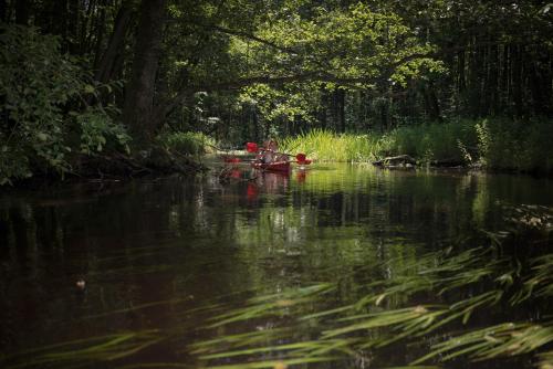 a red boat in the middle of a river at Urzeka in Drzewce