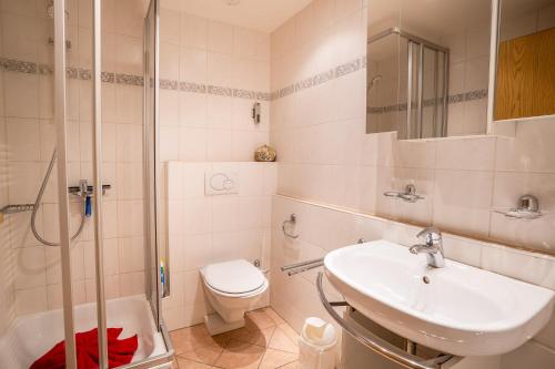 a bathroom with a sink and a toilet and a shower at Katha in Fischen