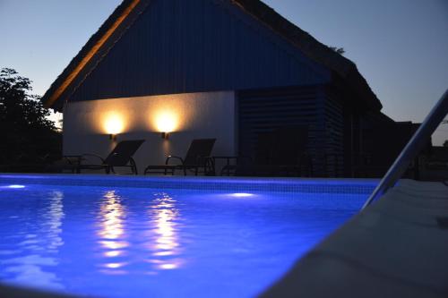 a swimming pool in front of a house at night at Déjà Blue - ADULT ONLY in Sfântu Gheorghe