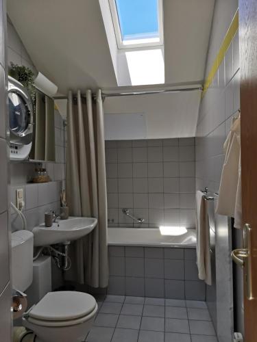 a bathroom with a toilet and a sink and a bath tub at Yimi Ferienwohnung in Grafenwiesen