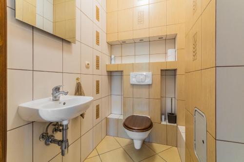 a bathroom with a toilet and a sink at Golden Home Kmiecin 