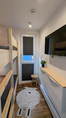 ヴァンガーラントにあるHausboot Wangermeerblick (Floating Home)の二段ベッドとテーブルが備わる小さな客室です。