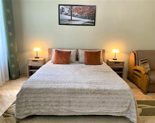 a bedroom with a large bed and two lamps on tables at Glorious Apartment Near The Old City in Lviv