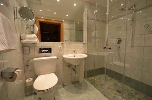 W łazience znajduje się toaleta, umywalka i prysznic. w obiekcie Sporthotel Zugspitze w mieście Lermoos