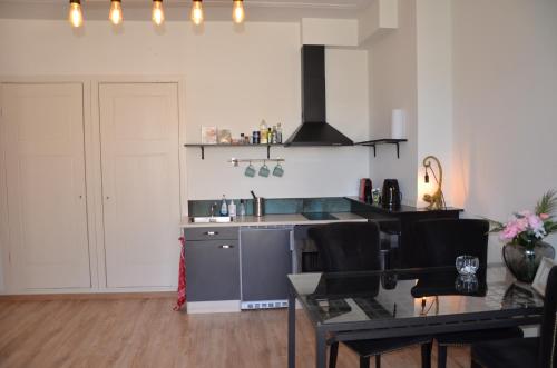 uma cozinha com uma mesa e um fogão forno superior em Prins Maurits em Haia