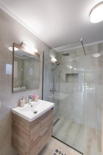 a bathroom with a sink and a shower at Fragiato Apartment in Lefkada