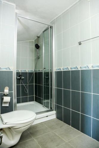ein Badezimmer mit Dusche und Toilette in der Unterkunft Dalyan M Otel in Dalyan