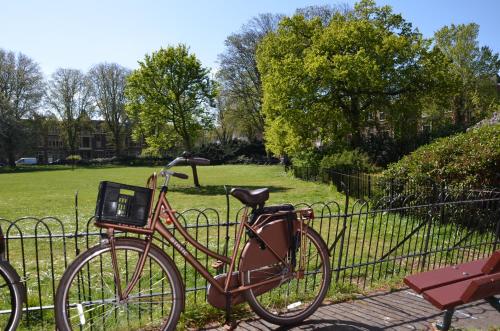 una bicicletta è parcheggiata accanto a una recinzione di Huize Maurits a L'Aia