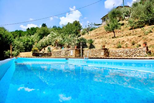 uma piscina azul com uma colina ao fundo em Case Vacanze Giovanni Garibaldi em Pescaglia