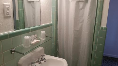 a bathroom with a sink and a shower curtain at Rocket Motel in Custer