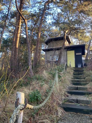 a small house with a yellow door in the woods at De Folks in Hoorn