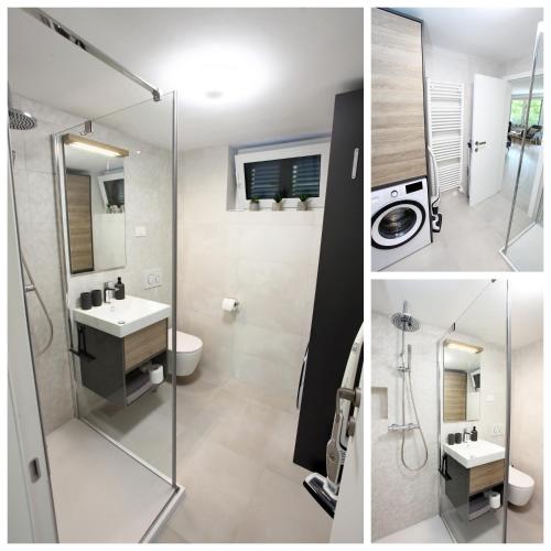 two pictures of a bathroom with a sink and a shower at Modern Apartment Parenzana IZMA in Portorož