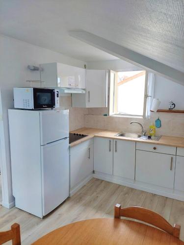 La cuisine est équipée d'un réfrigérateur blanc et d'un four micro-ondes. dans l'établissement Appartement confortable à Rosny-sous-Bois, 38m² + Vue sur la ville, à Rosny-sous-Bois