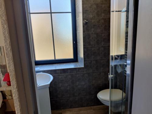 a bathroom with a toilet and a glass shower at Hotel Les Voyageurs - Vogüé in Vogüé