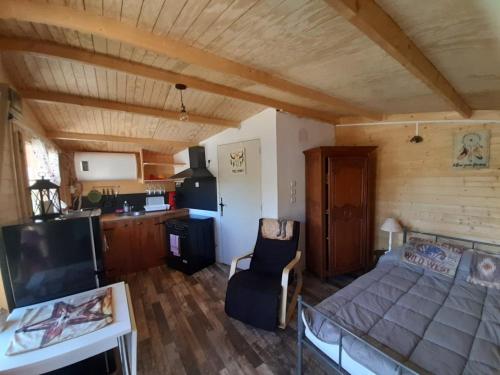 a living room with a couch and a kitchen at Le Ranch du Madres in Roquefort-de-Sault