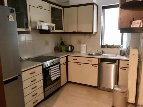 małą kuchnię z białymi szafkami i zlewem w obiekcie Marina Apartment w mieście Artemida