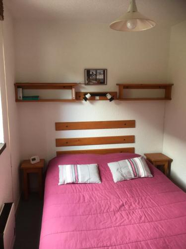- une chambre avec un lit rose et 2 oreillers dans l'établissement Appartement typique de montagne, à Thollon-les-Mémises