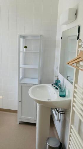 a white bathroom with a sink and a mirror at LE BON LABOUREUR in Moulins-Engilbert